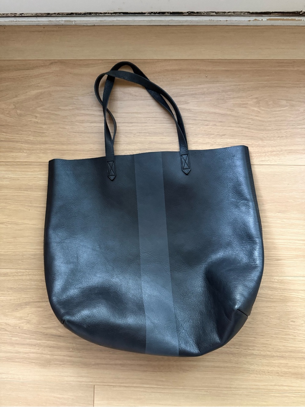 Madewell Black Leather Tote with Center Tonal Stripe